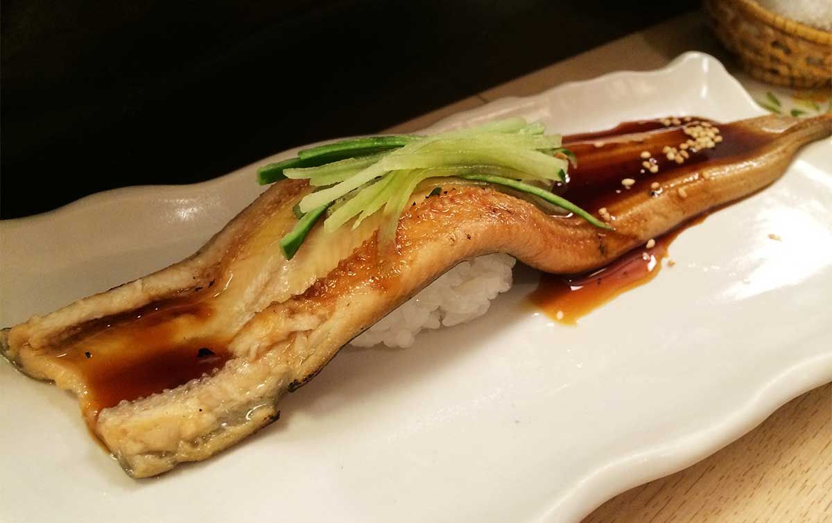Eel nigiri sushi drizzled with nitsume sauce and garnished with cucumber strips, on a white plate
