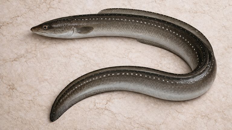 Whole anago conger eel (Conger myriaster) in curved top view with characteristic white lateral spots on a light stone surface