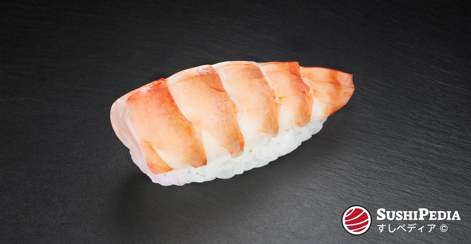 Photo of a freshly prepared sushi (nigiri sushi) with the ingredient that is called Ebi in Japanese.