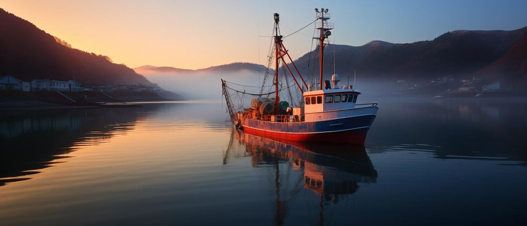 A Japanese fishing boat setting out on an autumn morning to catch fish. Autumn is a good time to catch hirame for delicious sushi.
