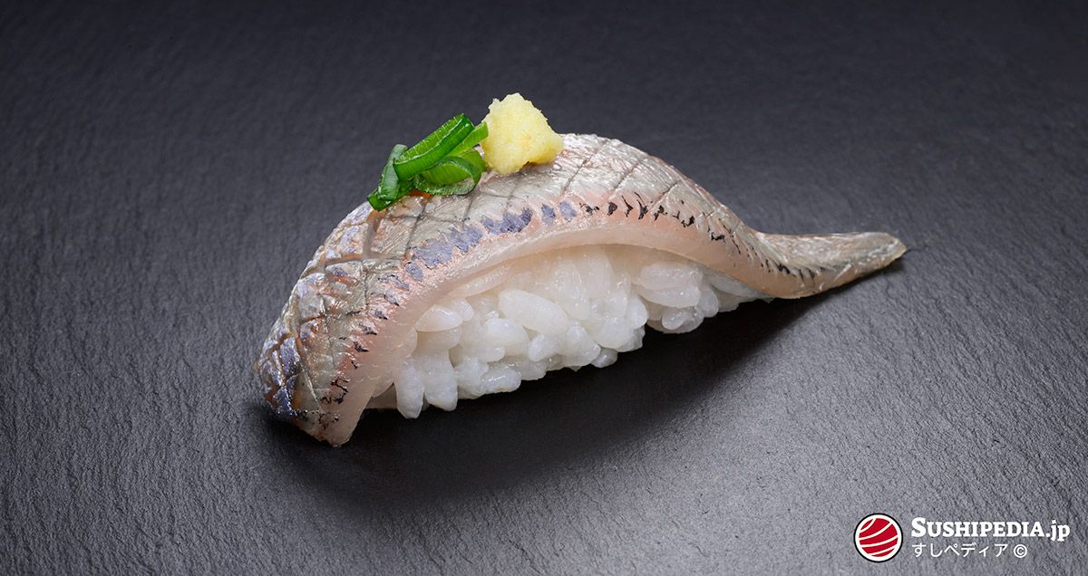 Photo of a freshly prepared sushi (nigiri sushi) with the ingredient that is called Iwashi in Japanese.