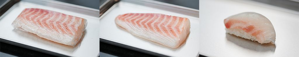Three stages of preparing Madai sushi: on the left, a piece of fresh Madai, in the middle, the Madai piece after using Pichitto film for dehydration, and on the right, the finished Madai sushi. The Pichitto film enhances the texture and flavor of the fish.