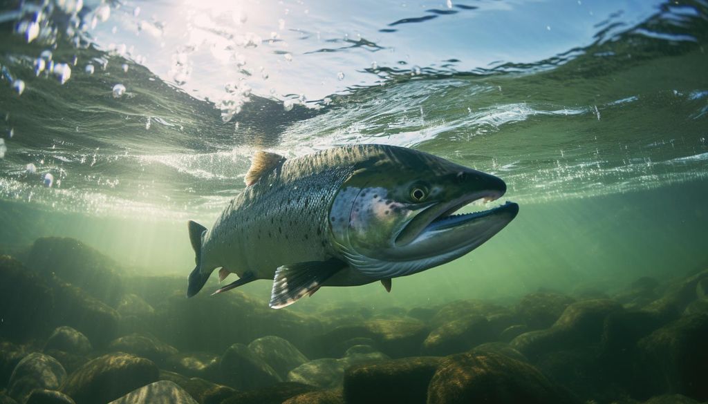 An underwater photograph captures a single salmon swimming in the clear waters of a river. The fish is centered in the frame, with sunlight filtering through the surface, creating a radiant pattern of light and shadows on the riverbed. The stones of the riverbed and the water's surface are visible, highlighting the salmon's natural habitat.