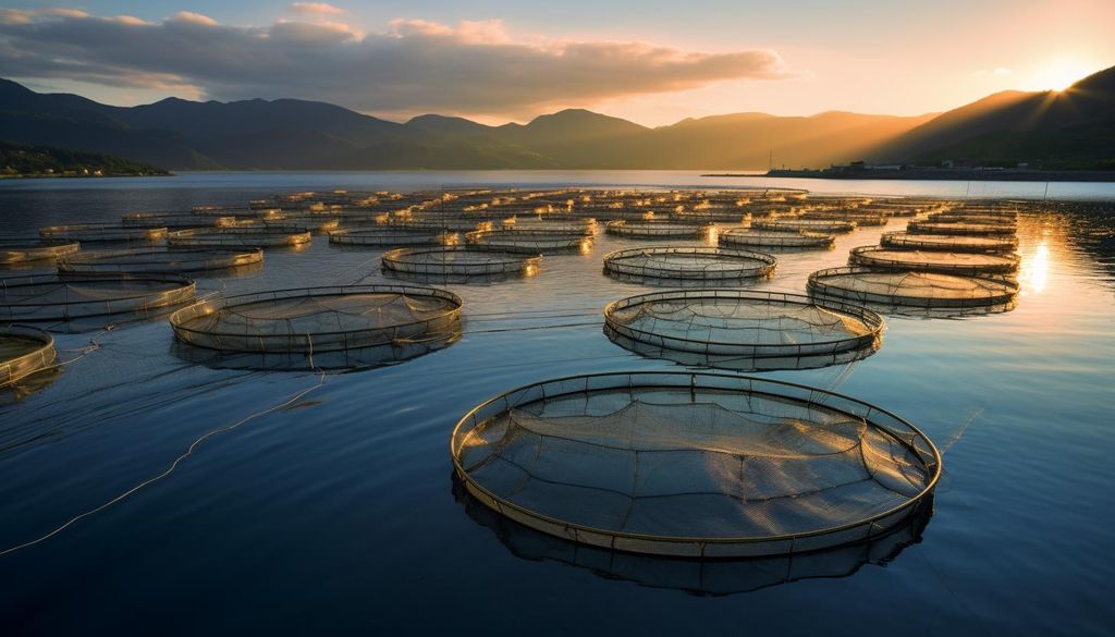 The photograph captures a sunset at an aquaculture farm located in a Norwegian fjord. Circular fish nets are methodically arrayed across the calm waters, reflecting the sunlight. The surrounding mountains are silhouetted against the golden sky, while the sun's rays peek over the crests, creating a radiant interplay of light and shadow across the scene.