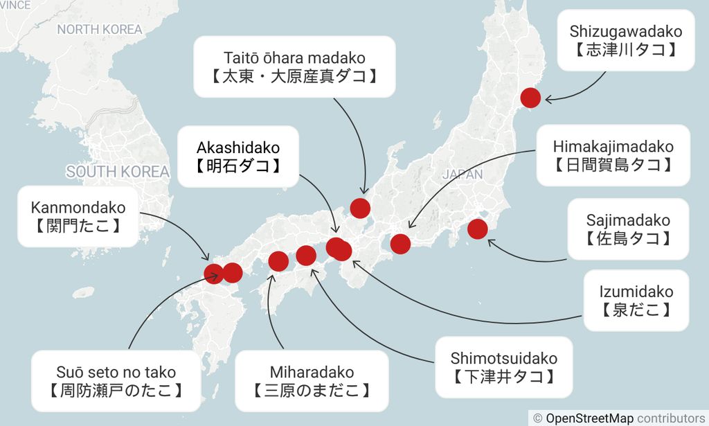 A map of japanese brands of tako