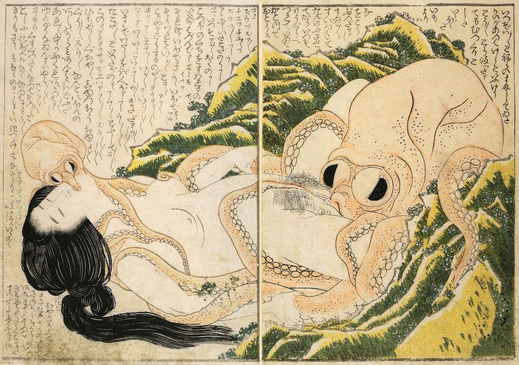 Historical Japanese print by Katsushika Hokusai, featuring a pearl diver and a large octopus in an artistic portrayal from the Edo period.
