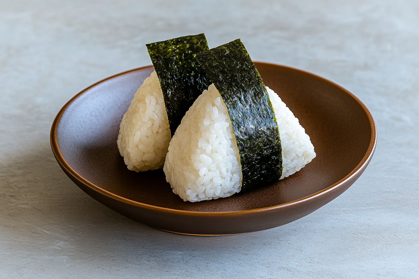 Zwei dreieckige Onigiri-Reisbällchen, umwickelt mit einem Streifen grüner Nori-Algen, präsentiert auf einem dunkelbraunen Keramikteller vor einem hellgrauen Hintergrund. Der Reis erscheint glänzend und klebrig, was die Qualität und Zubereitung typisch für dieses japanische Gericht hervorhebt.
