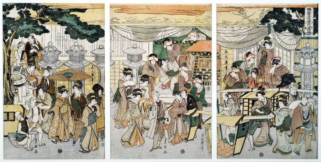 Japanese Edo-period woodblock print depicting the Ebiya restaurant in Ōji, a historical image of shrimp in urban dining culture.