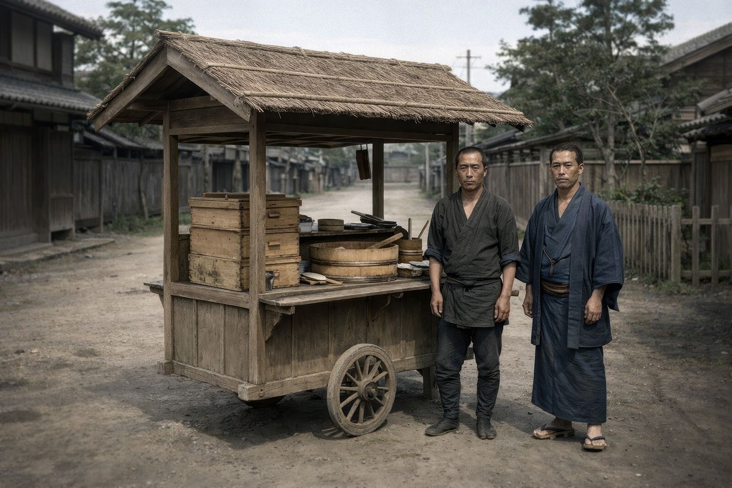 Two men stand beside a wooden street food cart with a thatched roof on a dirt road. The counter holds stacked wooden boxes, boards, and a large round wooden tub (hangiri) used for cooling sushi rice. Traditional wooden buildings and trees line the street in the background, creating a quiet, documentary-style scene.