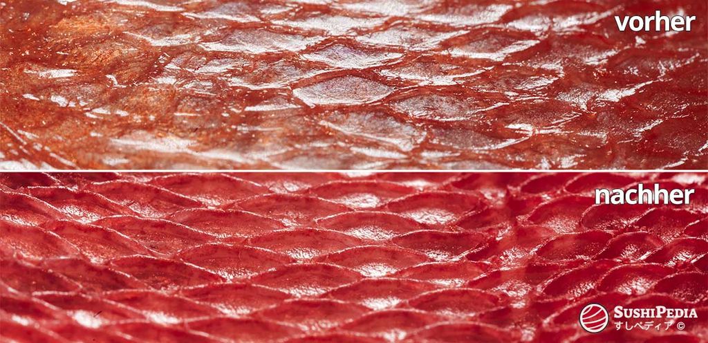 Das Bild ist ein Vergleich zwischen zwei Zuständen der Fischhautpräparation, gekennzeichnet mit "vorher" und "nachher". Das "Vorher"-Bild oben zeigt die Fischhaut in ihrem ursprünglichen Zustand mit einer etwas stumpfen und unebenen Oberfläche. Das "Nachher"-Bild unten zeigt die Fischhaut nach der Zubereitung mit einer kräftigeren roten Farbe und einem ausgeprägten, gleichmäßigen Schuppenmuster, das verfeinert und für die kulinarische Verwendung vorbereitet erscheint.