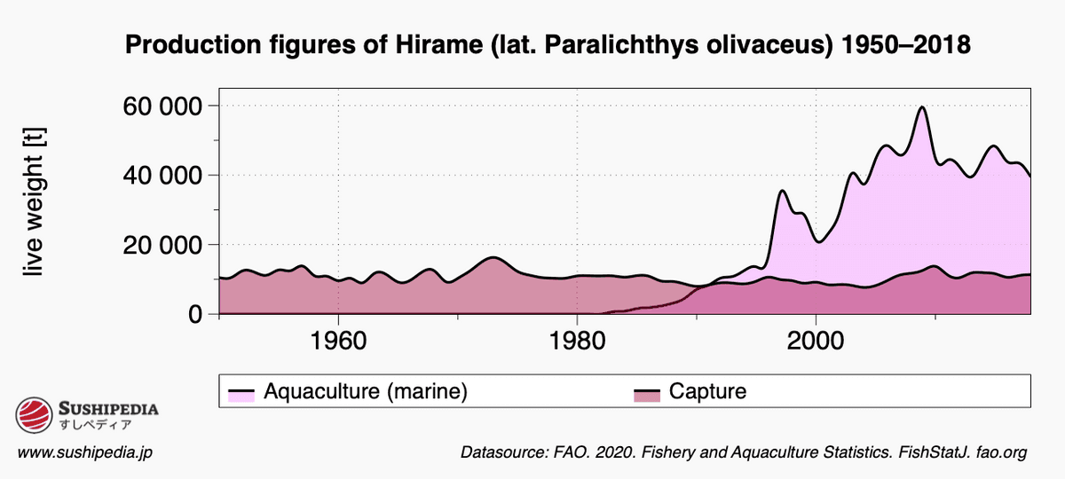 The diagram shows the  development of the production quantities from wild capture and aquaculture of hirame (Paralichthys olivaceus) in the years 1950 to 2018