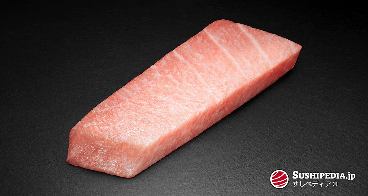 A photo that shows the Otoro (toro) meat of bluefin tuna.
