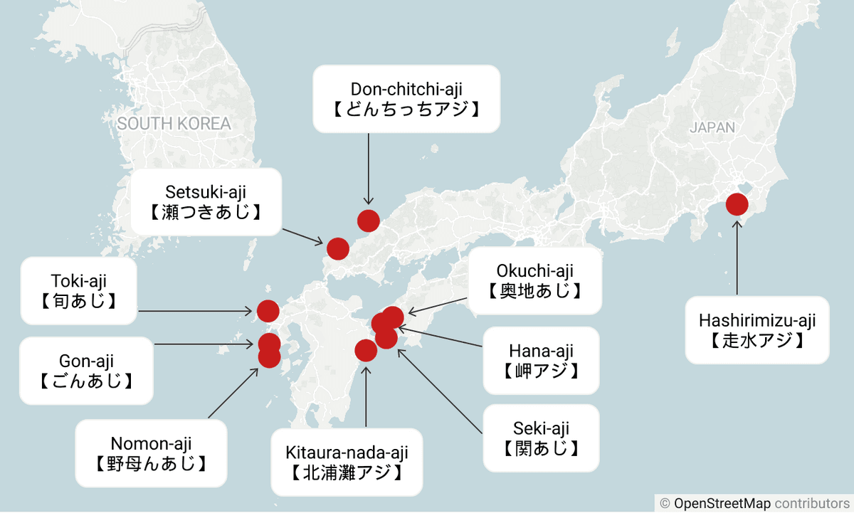 A map showing the origin of Japanese regional brands of horse mackerel (aji).