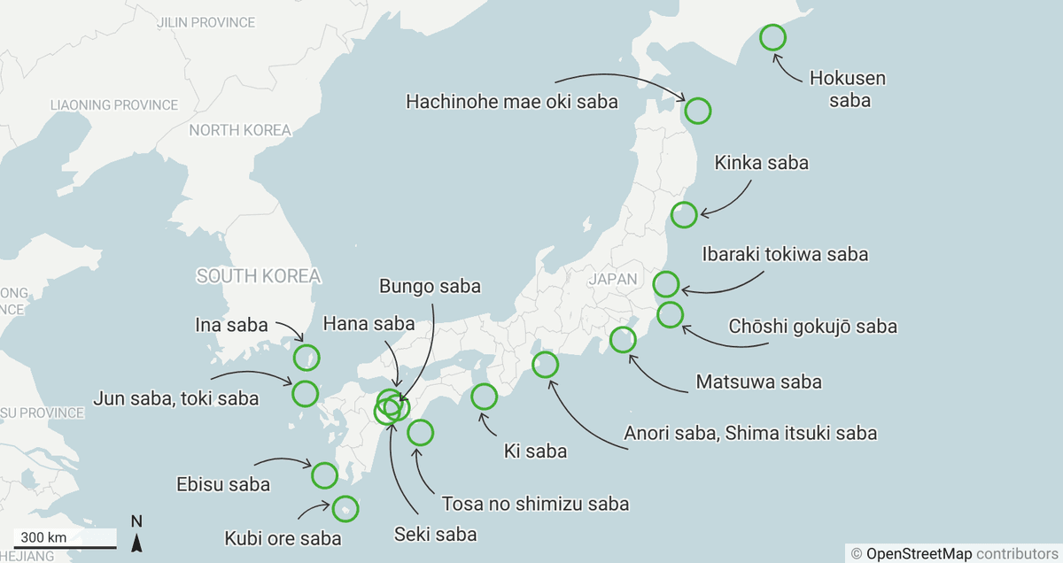 A map showing the origin of Japanese regional brands of mackerel (saba) that where wild caught.