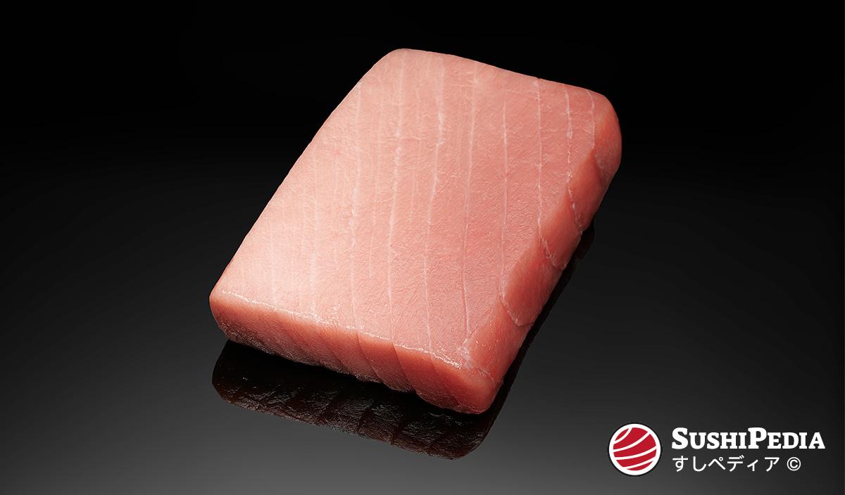 A typical block (jap. saku), as used for the preparation of sushi or sashimi, of medium-fat tuna meat lies on a black mirror plate. It is clearly visible how the fat content progresses from lean to fat.